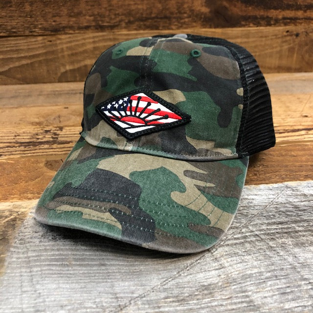 US American Flag Embroidered Iron on Patch Adjustable Camo Trucker Cap