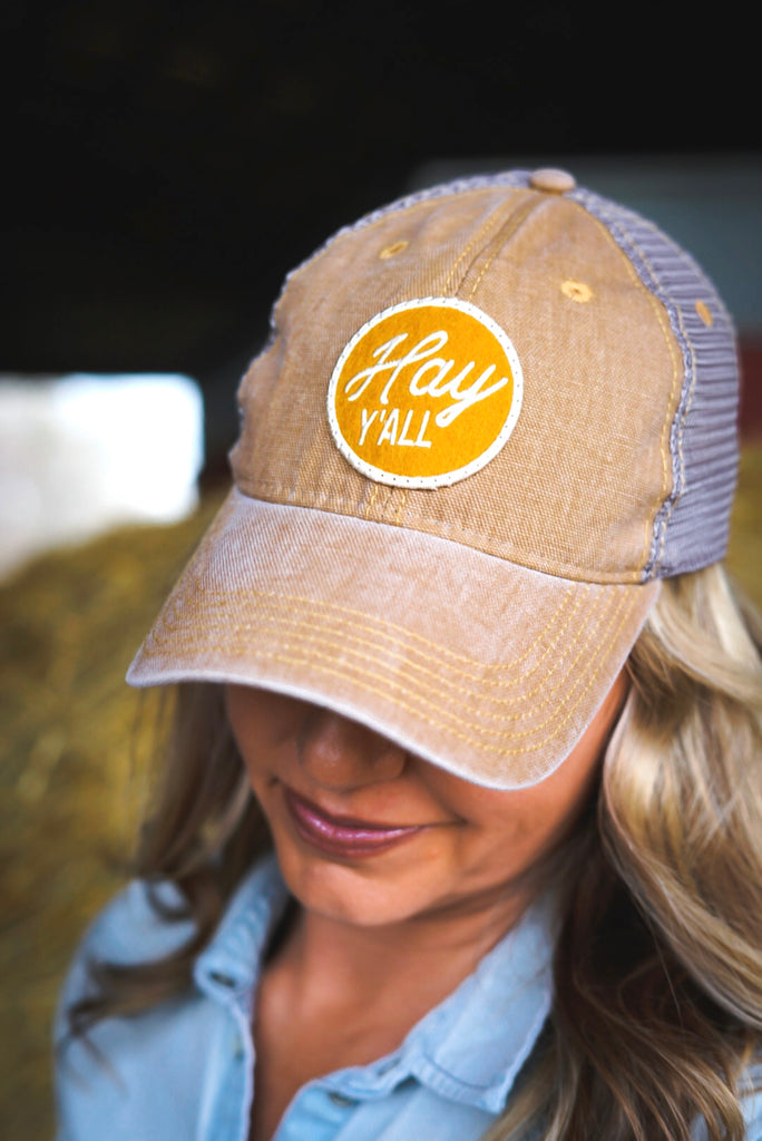 Unstructured Hay Y'all Trucker Hat - Khaki - This Farm Wife