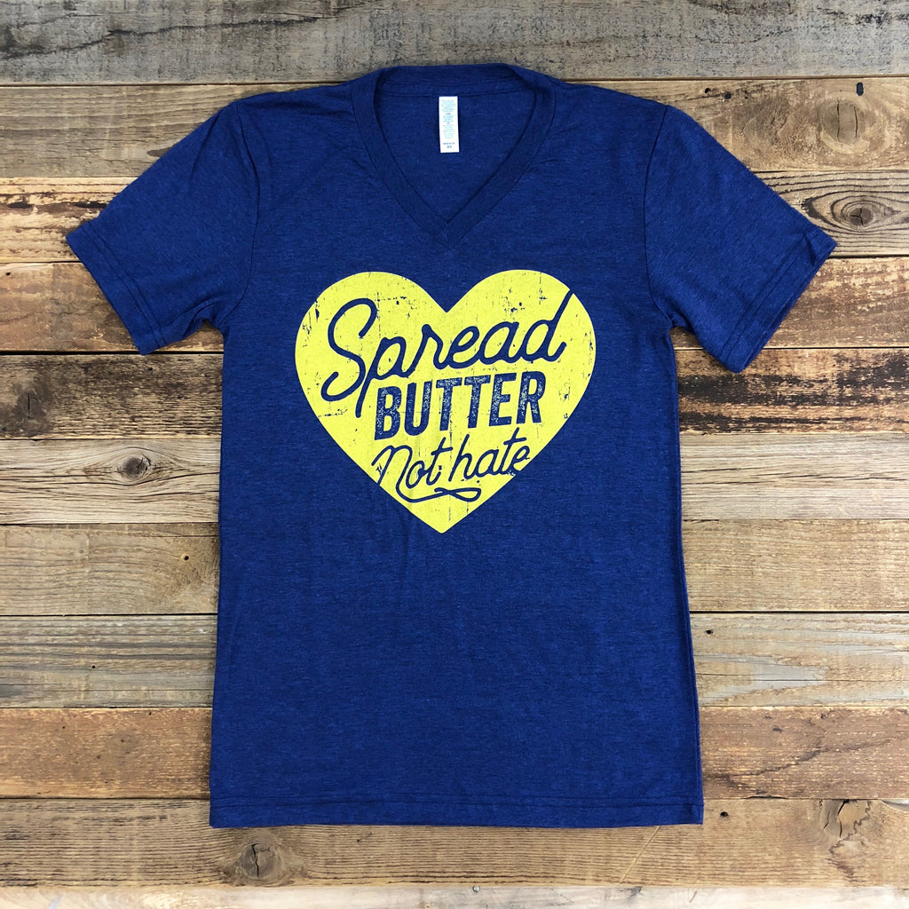 Women's Spread Butter, Not Hate V-Neck - Heather Navy - This Farm Wife