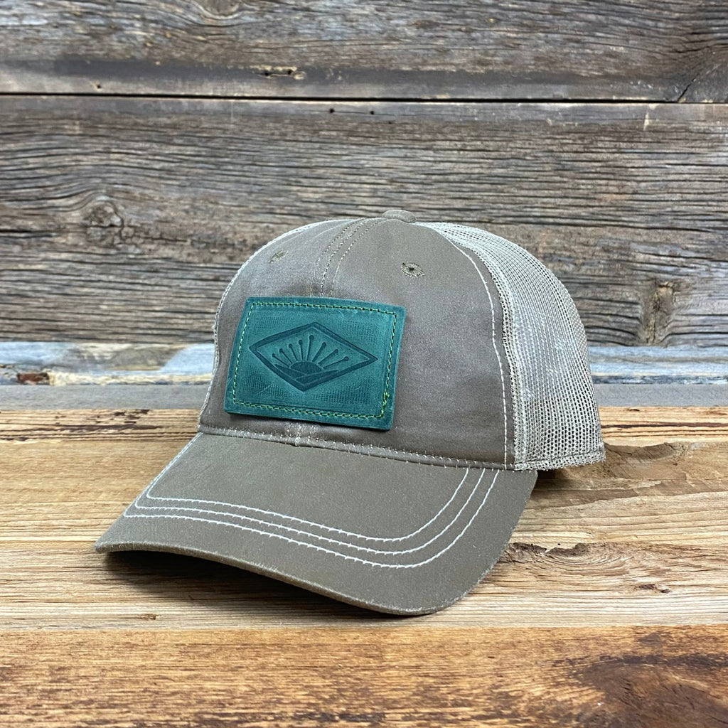 NEW Weathered Sunrise Green Leather Patch Hat - Dark Khaki - This Farm Wife