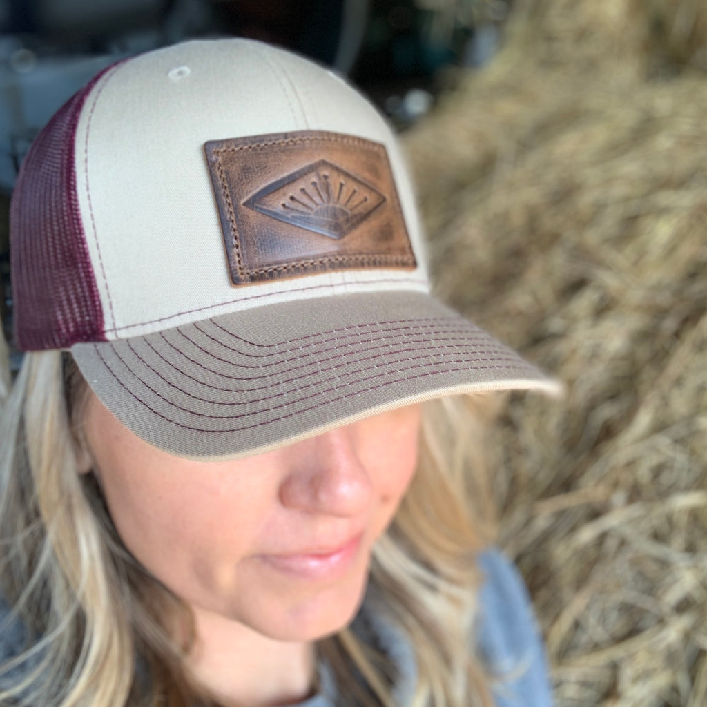 Sunrise Leather Patch Trucker Hat - Khaki/Burgundy - This Farm Wife