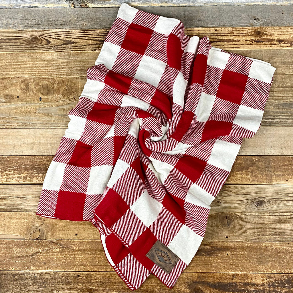 RED CHECKERED THROW + SUNRISE LEATHER PATCH