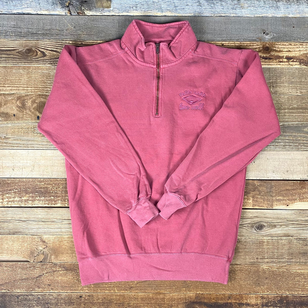 Farm Hard Live Well Embroidered Garment-Dyed Quarter Zip Sweatshirt - Crimson