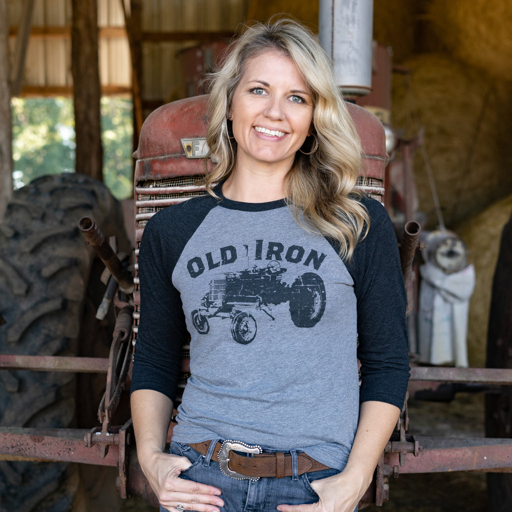 UNISEX Old Iron Baseball Tee - Heather Grey/Black - This Farm Wife